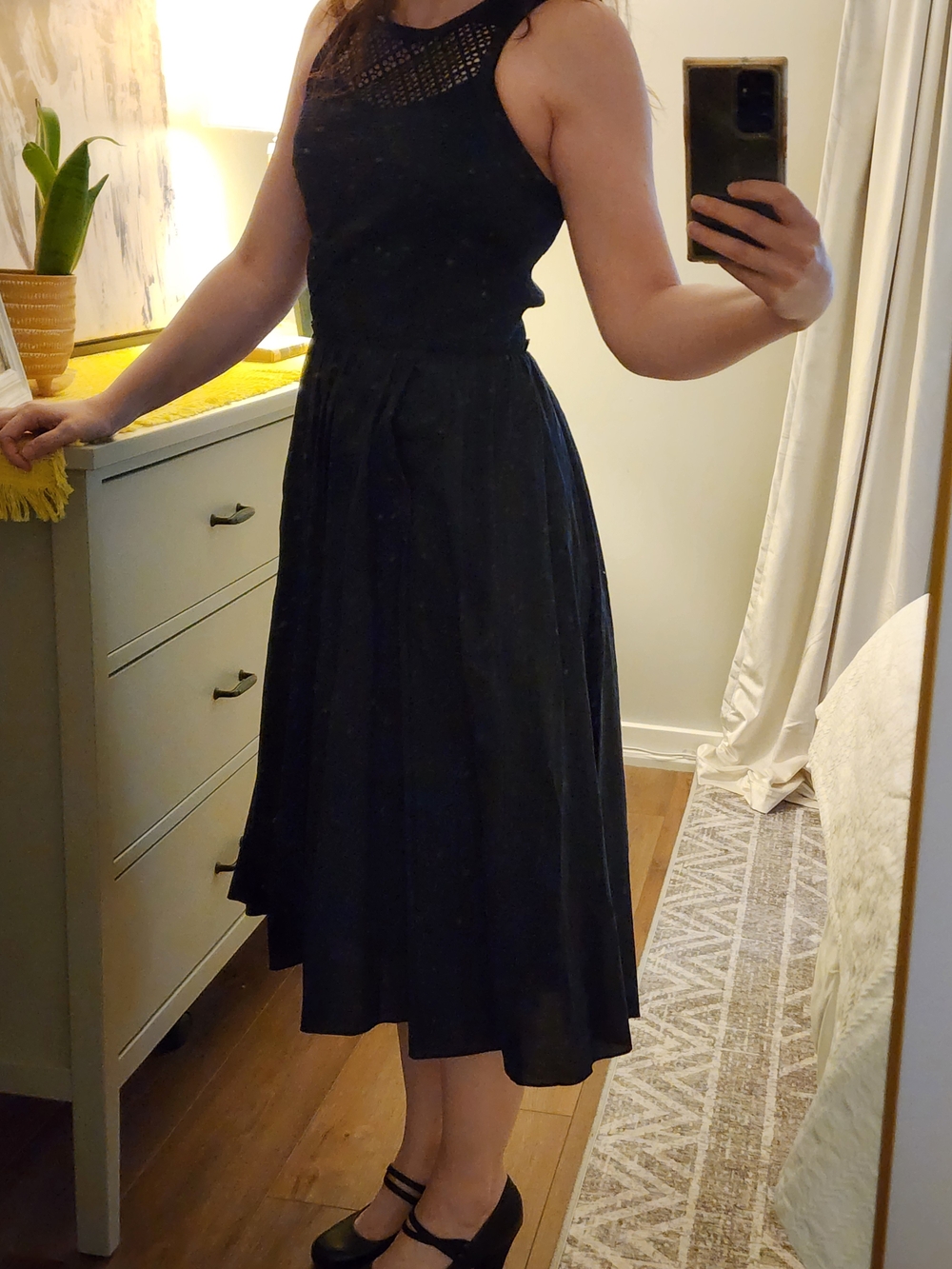 Rebecca Taylor Black Sleeveless Midi Dress with Lace Yoke